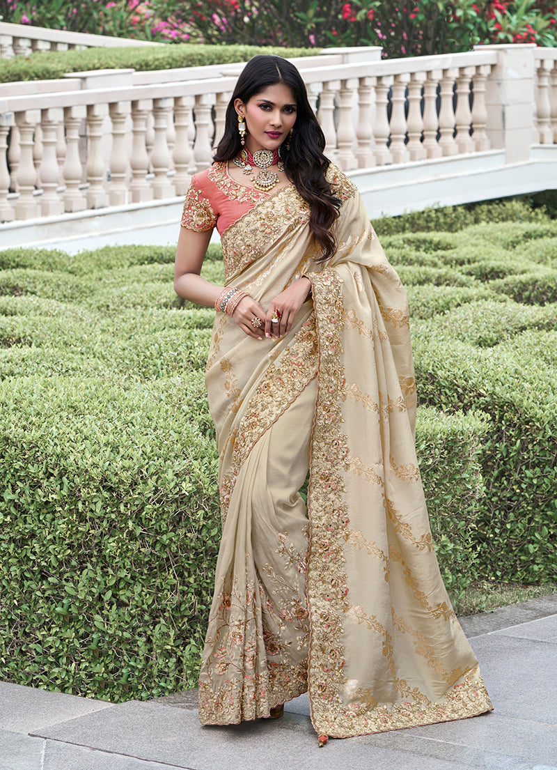 Beige Embroidered Silk Saree
