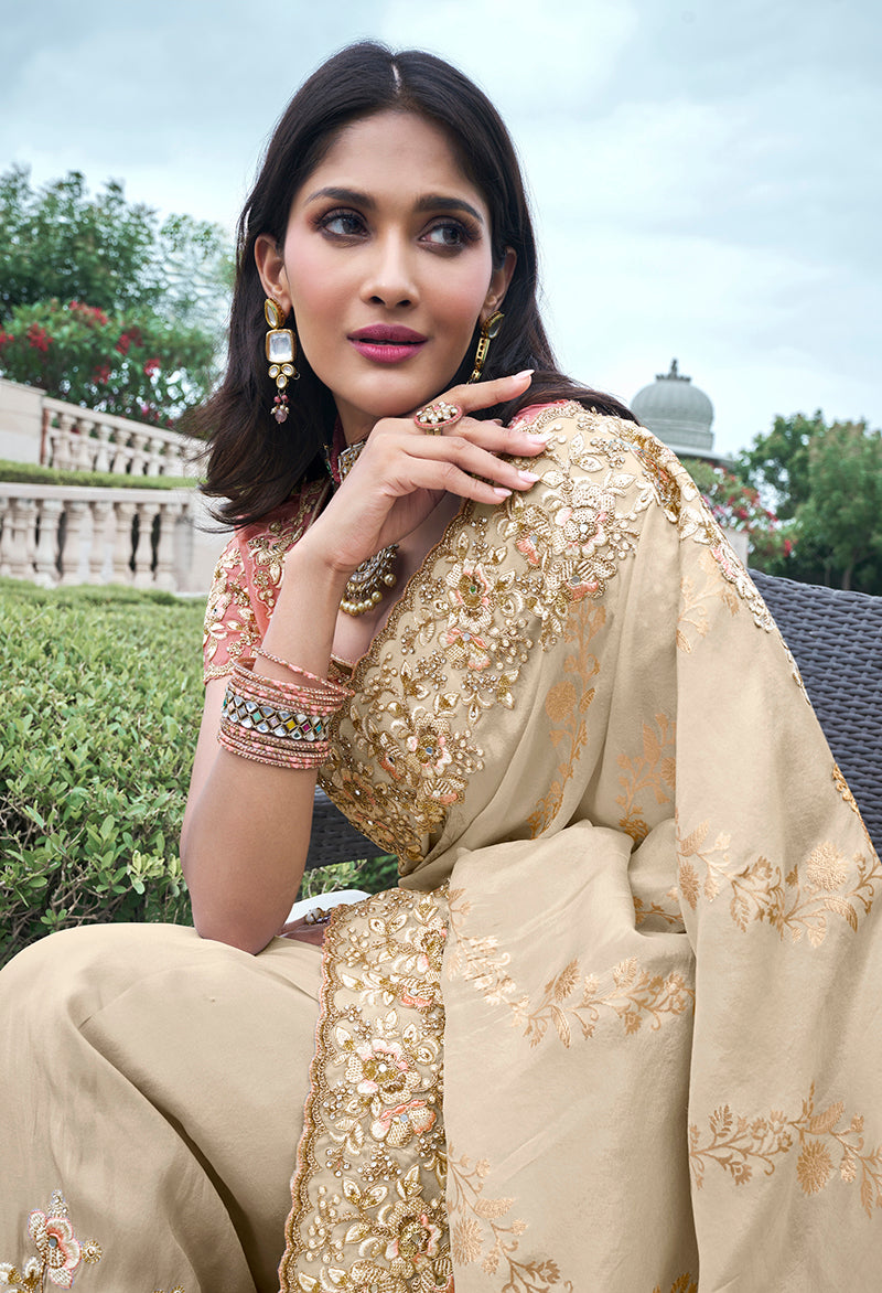 Beige Embroidered Silk Saree