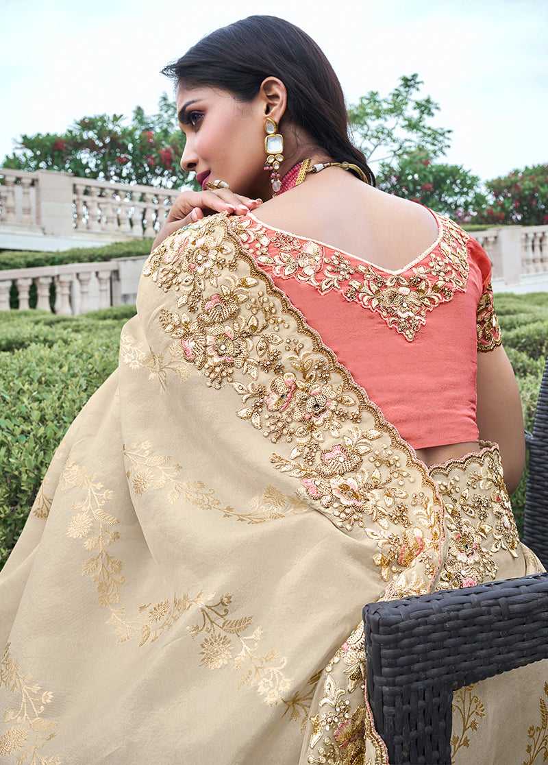 Beige Embroidered Silk Saree