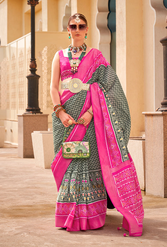 Dark Grey Printed Silk Saree