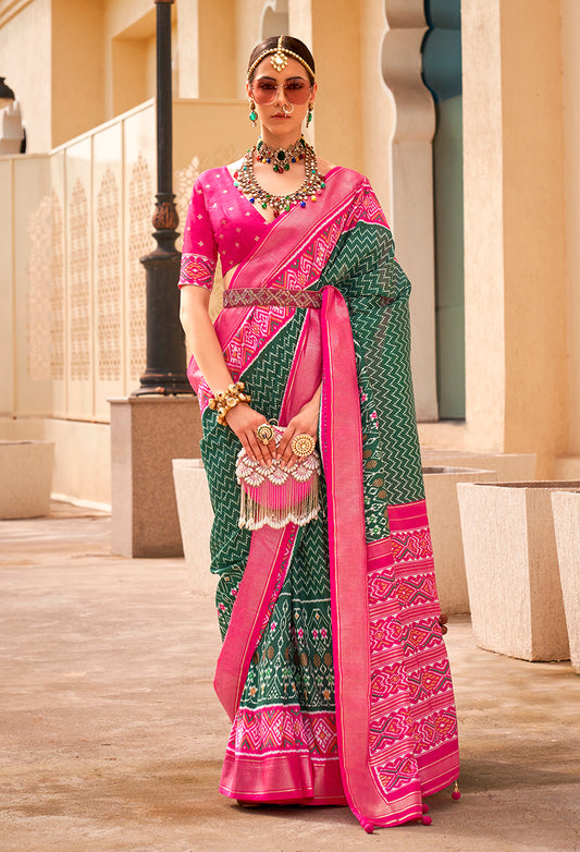 Dark Green Printed Silk Saree