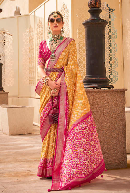 Yellow Printed Silk Saree