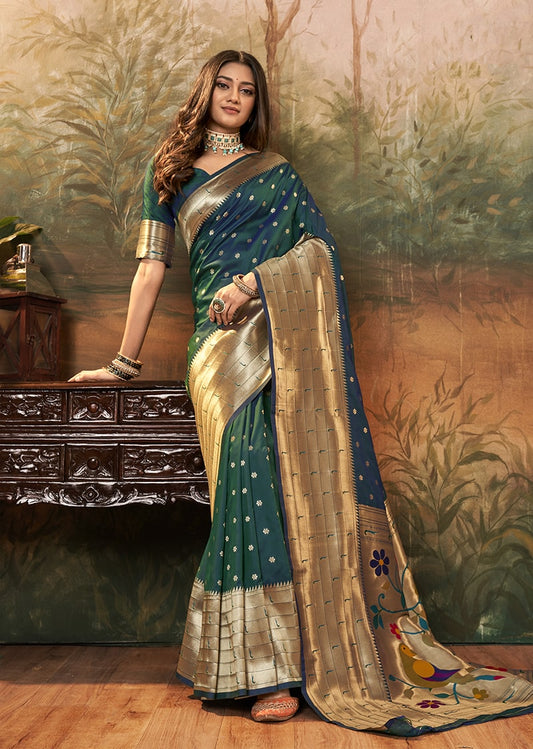 Dark Green Zari Woven Paithani Silk Saree