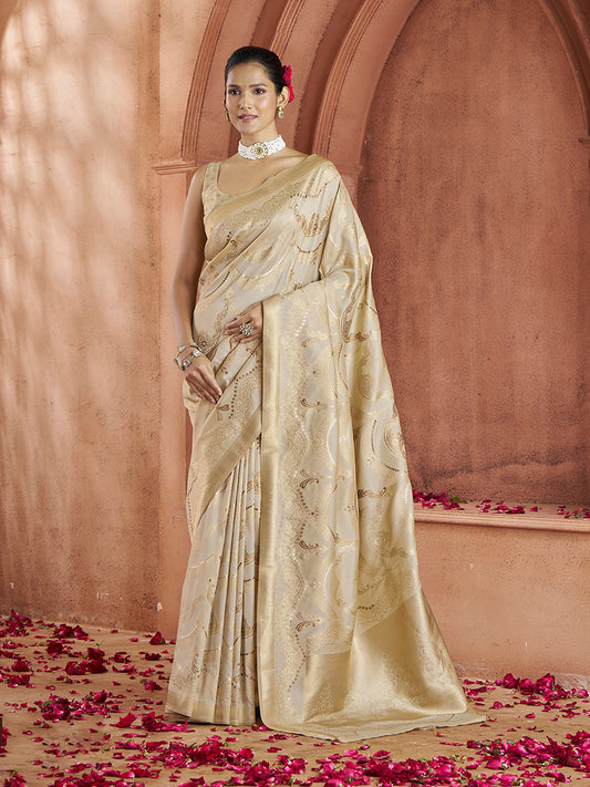 Cream Zari Woven Banarasi Silk Saree