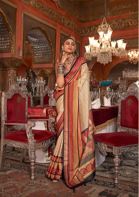 Cream Printed Silk Saree