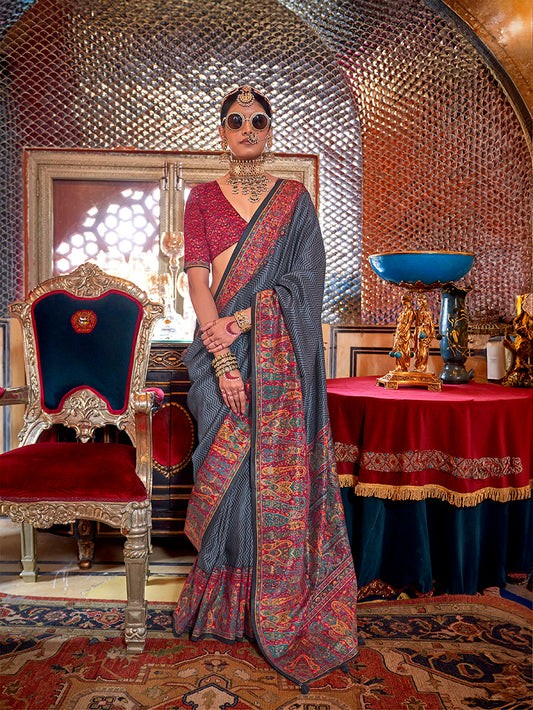 Dark Grey Printed Silk Saree