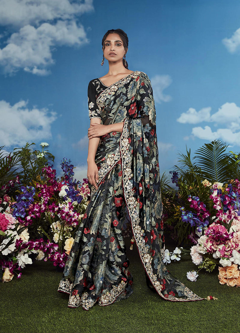 Black Embroidered Brasso Saree