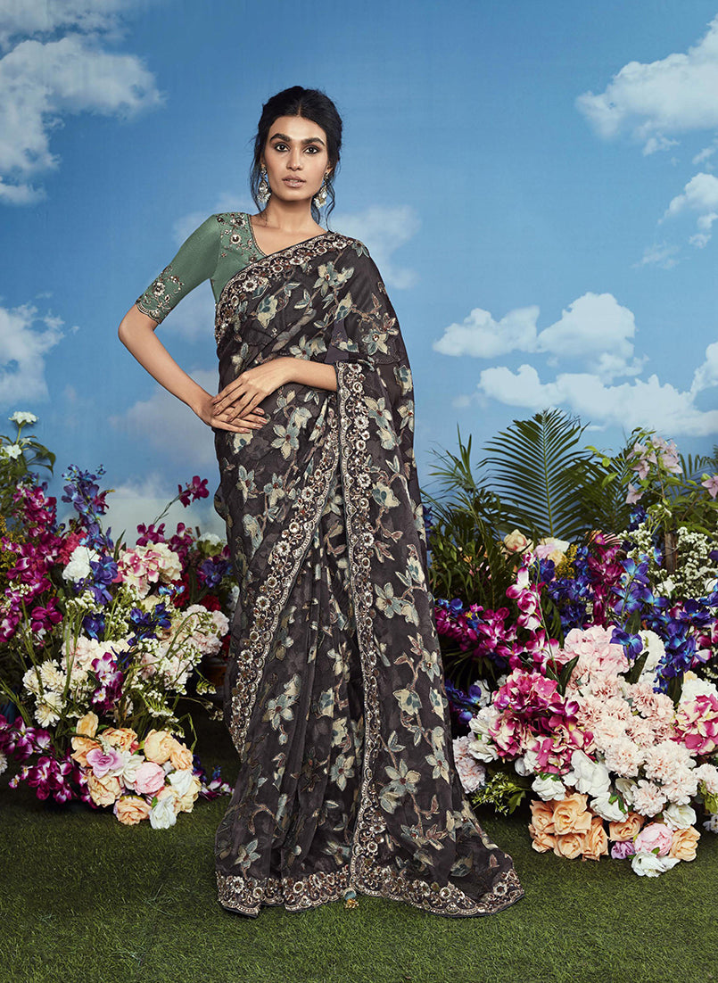 Black Embroidered Brasso Saree