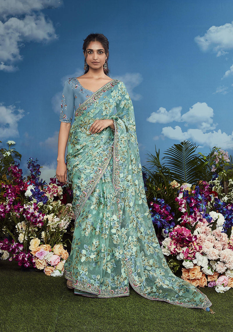 Aqua Blue Embroidered Brasso Saree