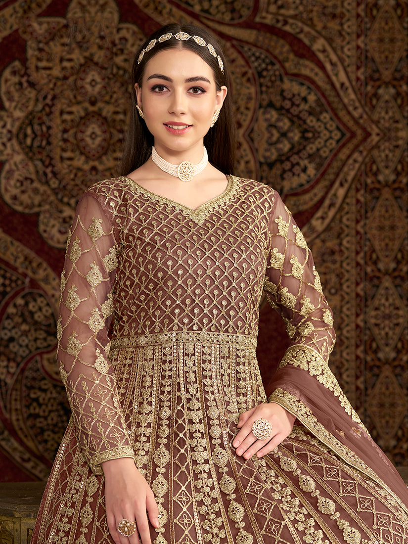BrownNetEmbroideredKurta