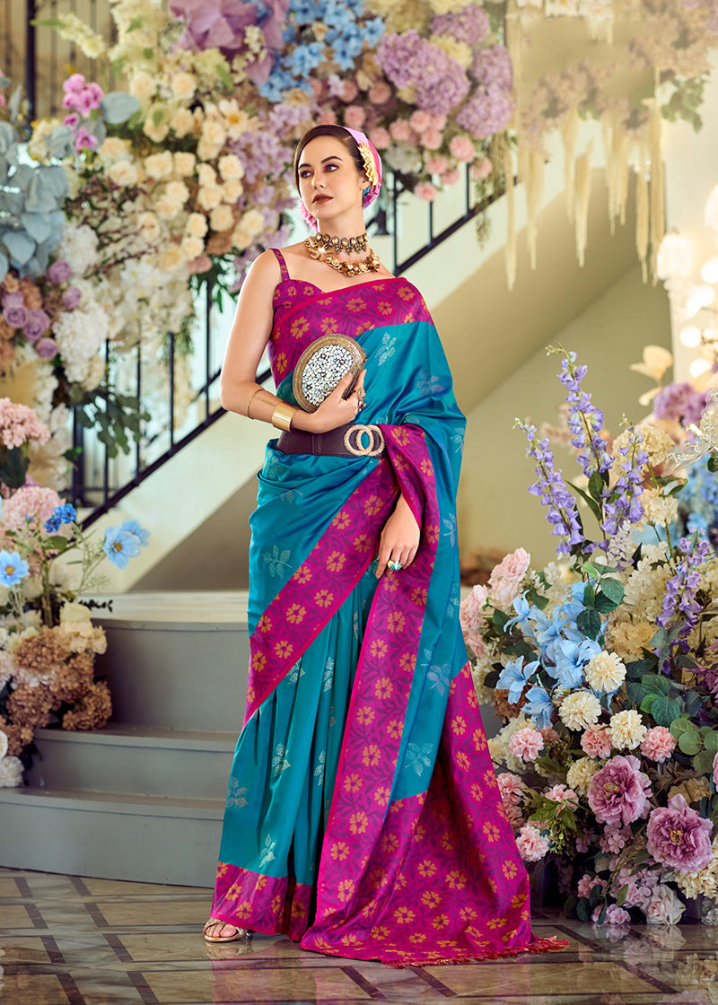 Aqua Blue Weaving Print Banarasi Silk Saree