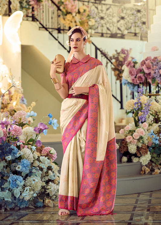 Cream Weaving Print Banarasi Silk Saree