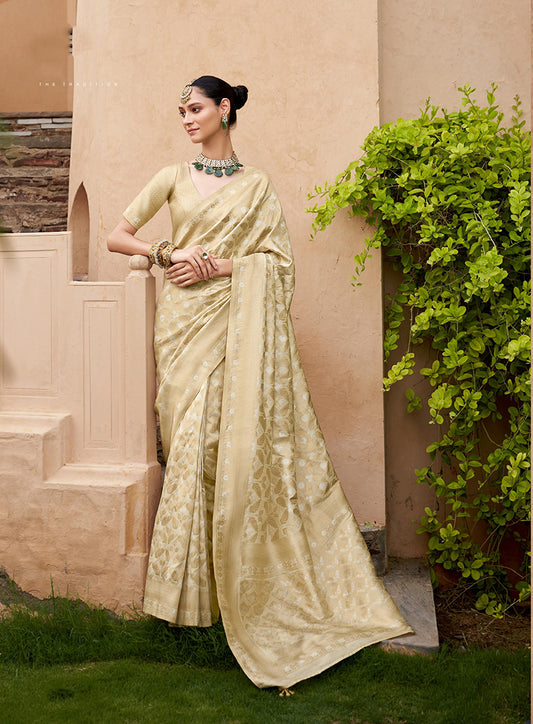 Cream Zari Work Viscose Saree