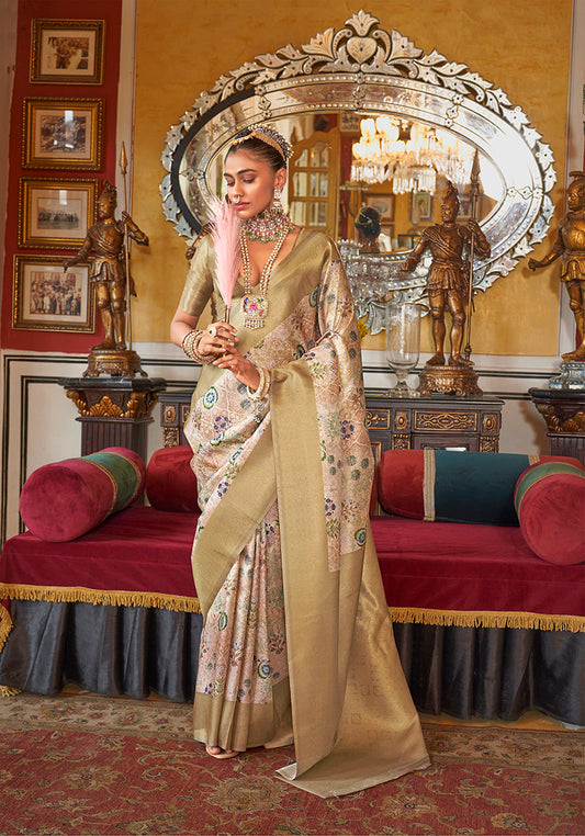 Cream Zari Work Tussar Silk Saree