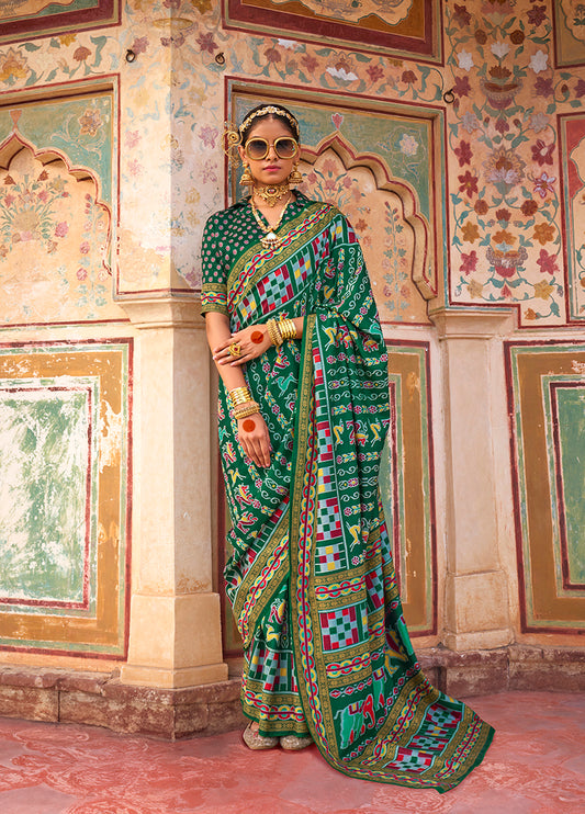 Dark Green Patola Print Silk Saree