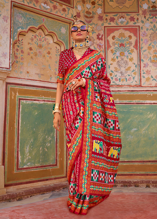 Dark Red Patola Print Silk Saree