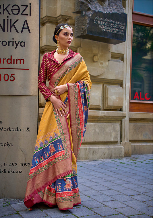 Yellow Weaving Print Viscose Saree