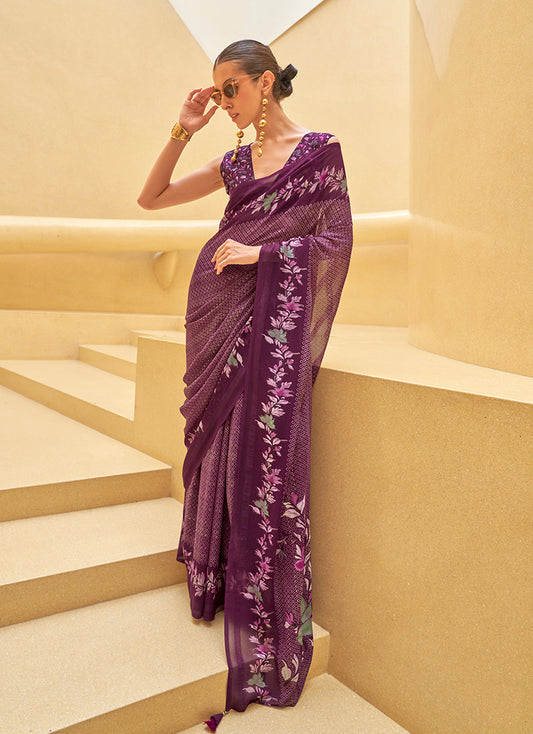 Dark Purple Floral Print Silk Saree