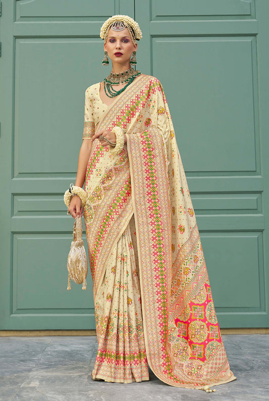 Cream Meenakari Work Banarasi Silk Saree