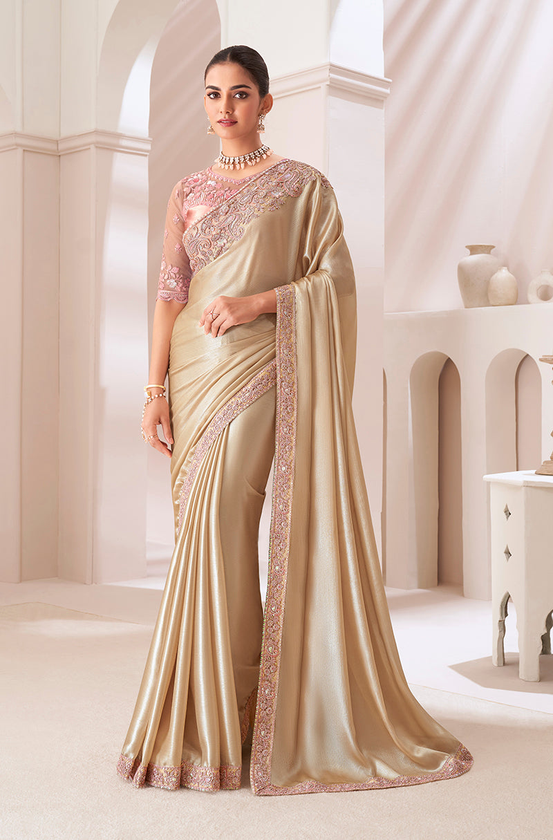 Beige Sequins Work Chiffon Saree