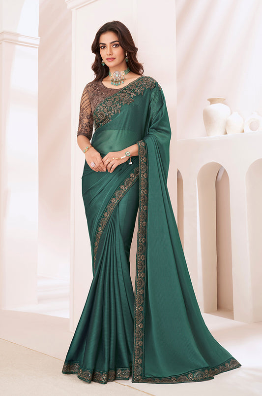 Dark Green Sequins Work Georgette Saree