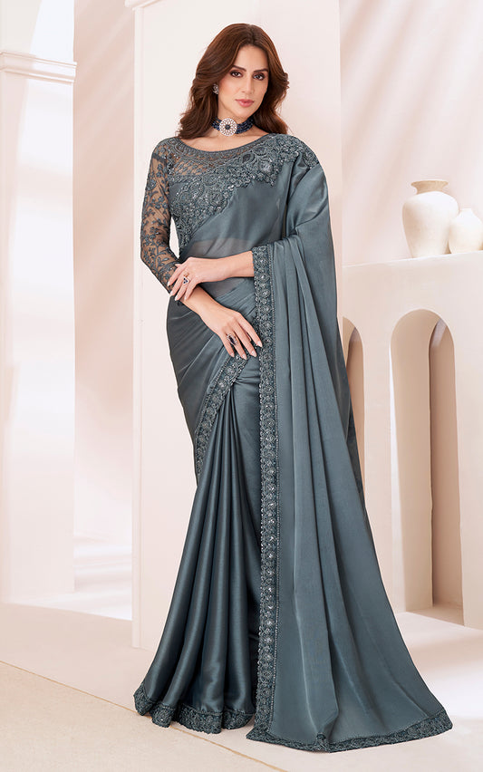 Dark Grey Sequins Work Georgette Saree