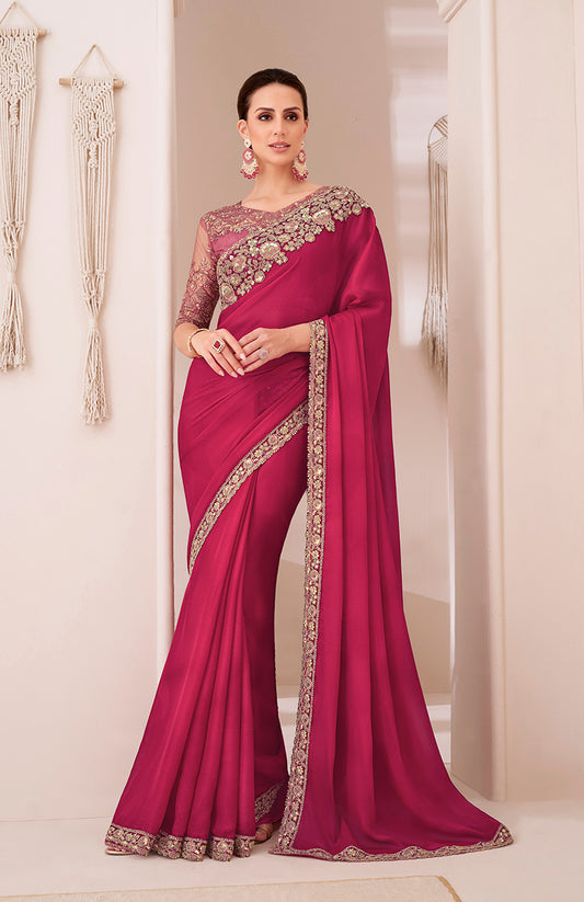 Dark Pink Sequins Work Chiffon Saree