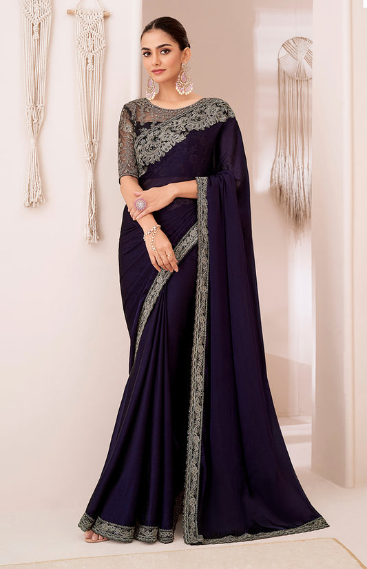 Dark Purple Sequins Work Georgette Saree