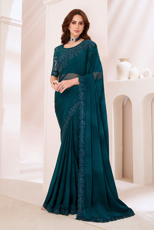 Dark Teal Sequins Work Chiffon Saree