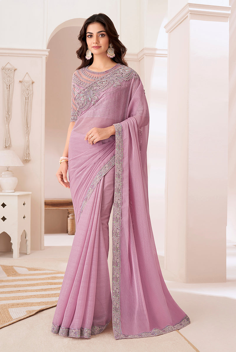 Baby Pink Sequins Work Chiffon Saree