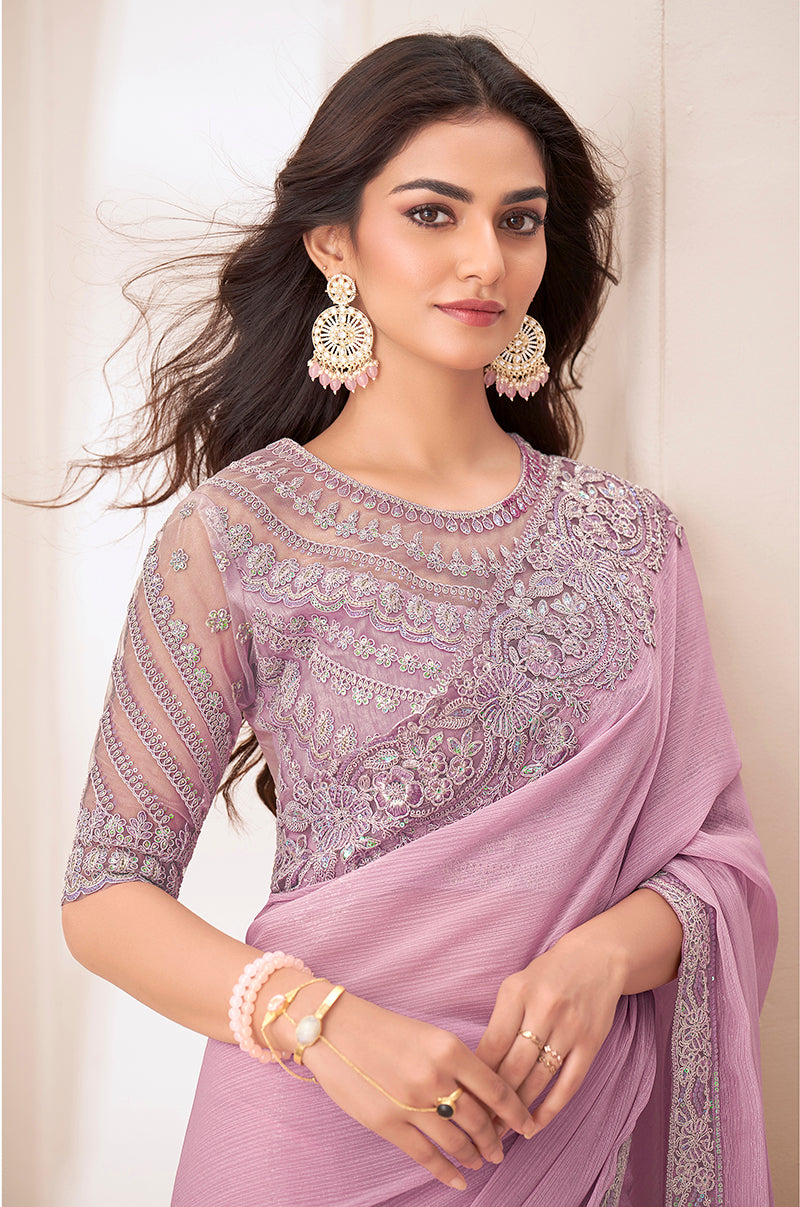 Baby Pink Sequins Work Chiffon Saree