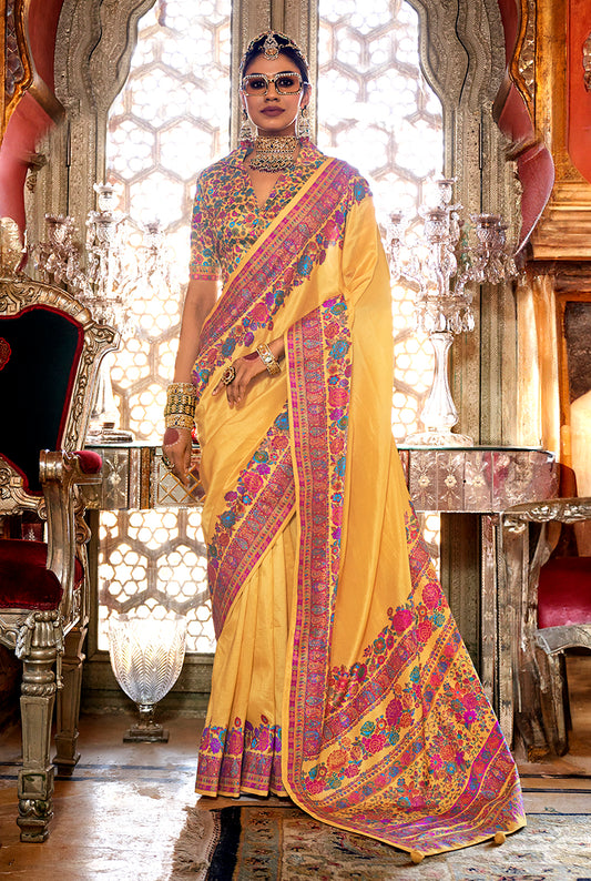 Yellow Weaving Print Silk Saree