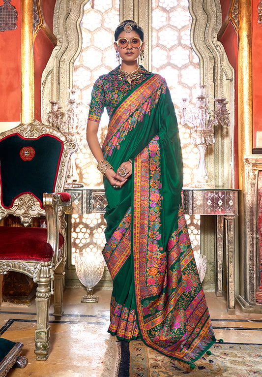 Dark Green Weaving Print Silk Saree