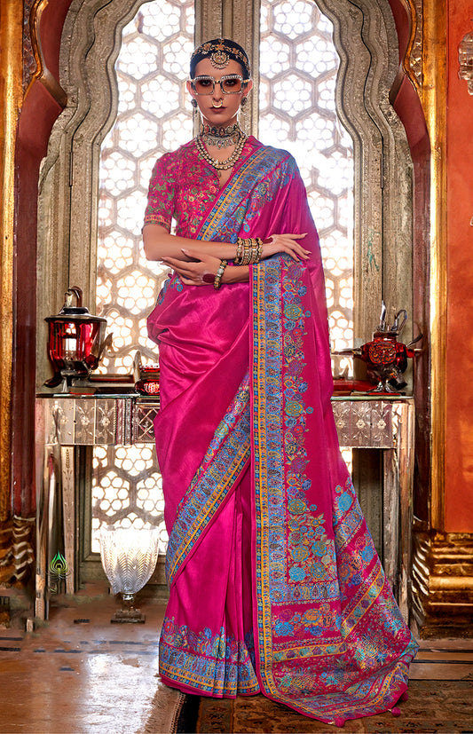 Dark Pink Weaving Print Silk Saree