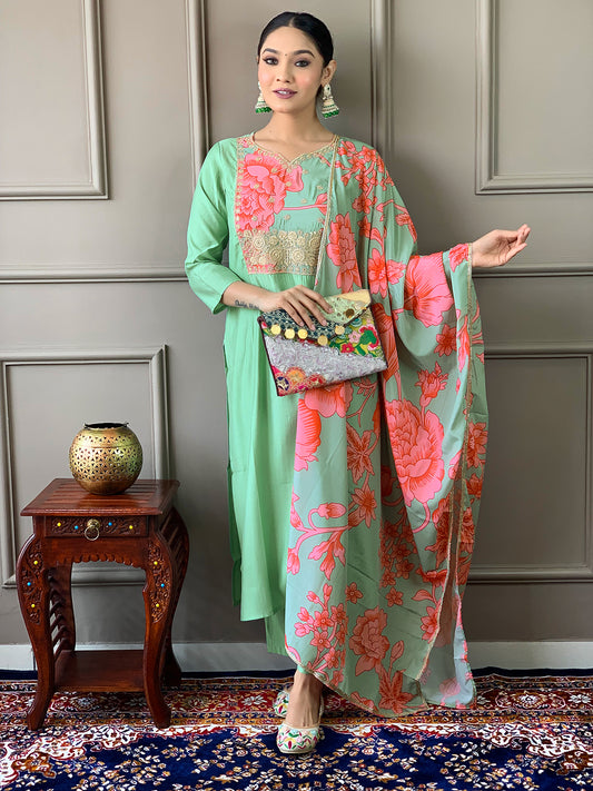 Firoji Embroidered Viscose Fabric Straight Kurta, Pant and Dupatta Set