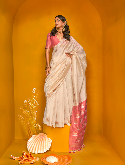 Cream Weaving Zari Silk Saree