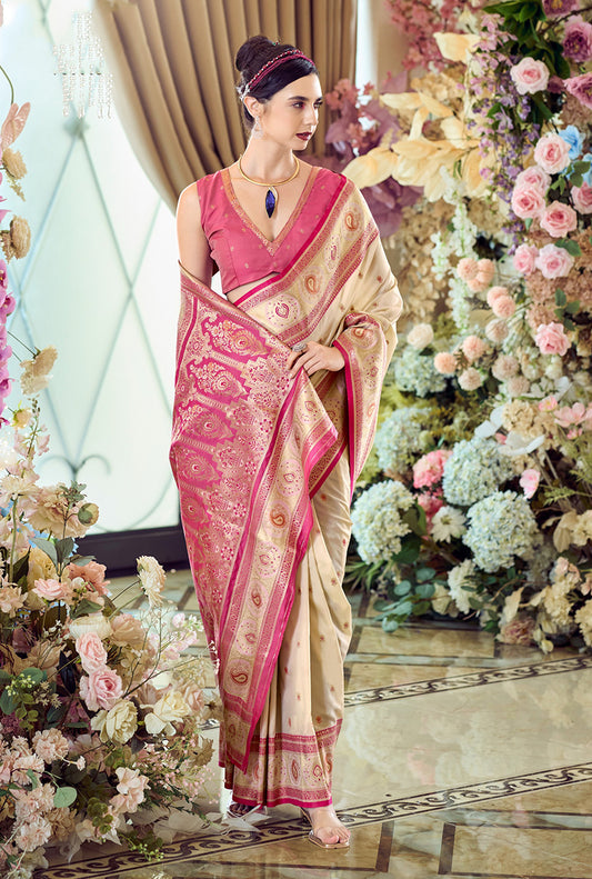 Cream Zari Woven Banarasi Silk Saree