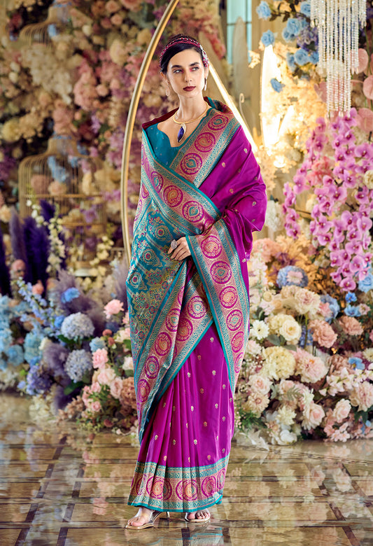 Dark Magenta Zari Woven Banarasi Silk Saree