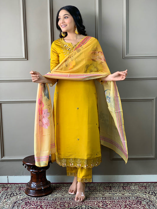 Mustard Embroidered Chanderi Fabric Straight Kurta, Pant and Dupatta Set