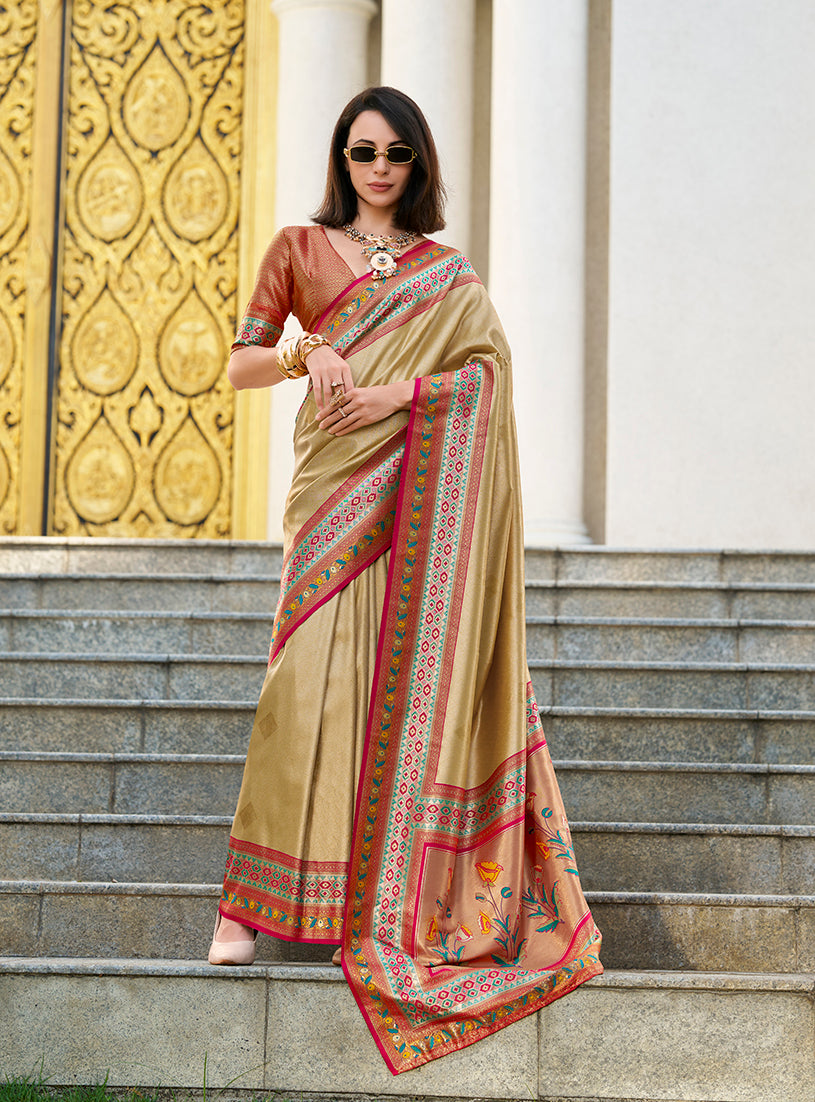 Beige Weaving Zari Tissue Saree