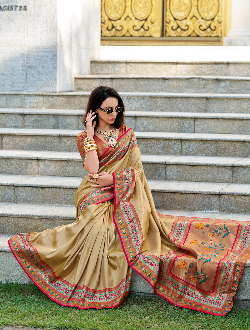 Beige Weaving Zari Tissue Saree