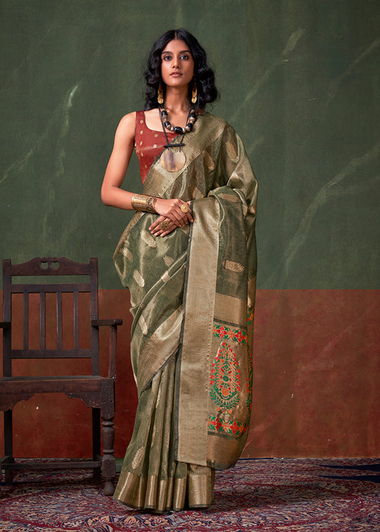 Dark Green Weaving Zari Saree & Blouse