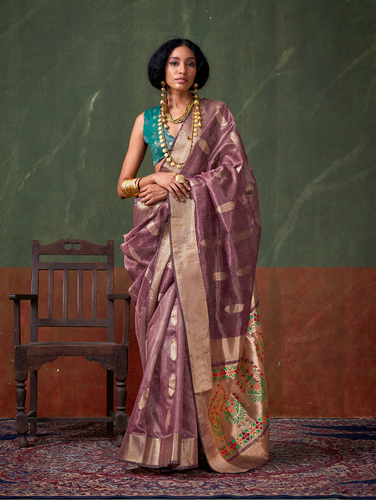 Mauve Weaving Zari Saree & Blouse