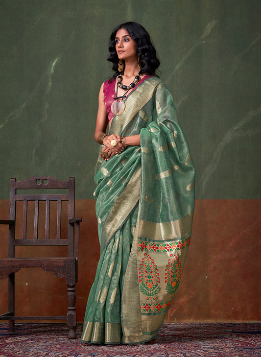 Sea Green Weaving Zari Saree & Blouse