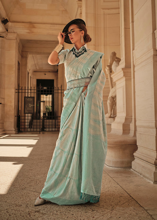 Sea Green Weaving Zari Saree & Blouse