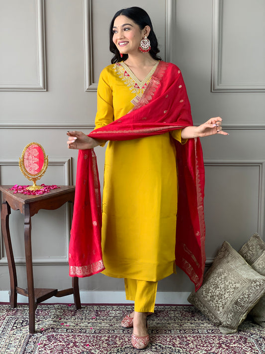 Mustard Embroidered Chanderi Fabric Straight Kurta, Pant and Dupatta Set