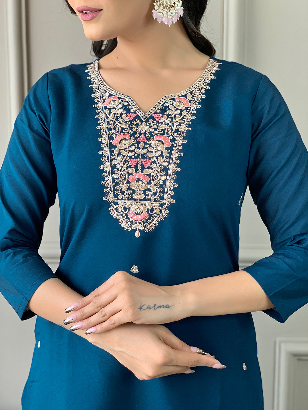 Petrol Embroidered Chanderi Fabric Straight Kurta, Pant and Dupatta Set