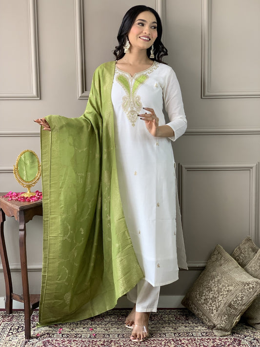 White Embroidered Viscose Blend Fabric Straight Kurta, Pant and Dupatta Set