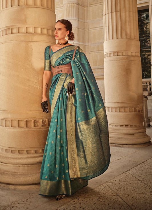 Teal woven saree