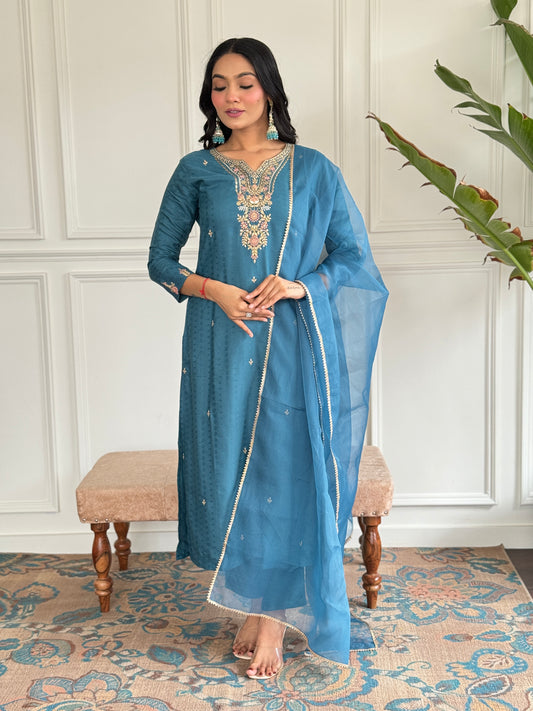 Rama Embroidered Viscose Blend Fabric Straight Kurta, Pant and Dupatta Set